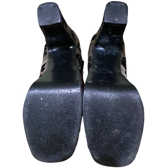 Vintage 90s Taupe Satin With  Velvet Floral Print Chunky Heeled Maryjanes - Picture 11 of 14